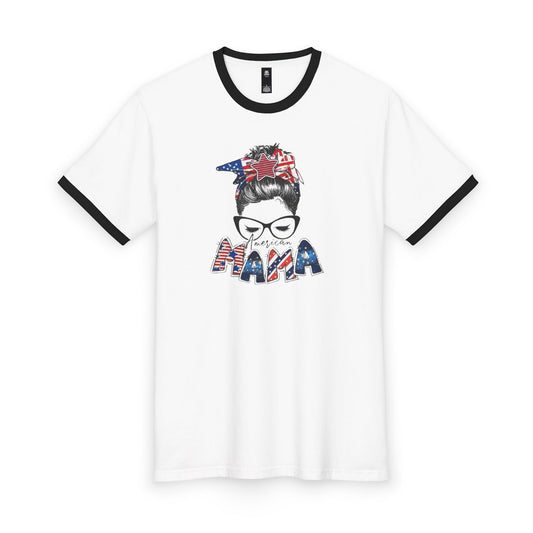 #250 Mama USA Flag Messy Bun Ringer Tee