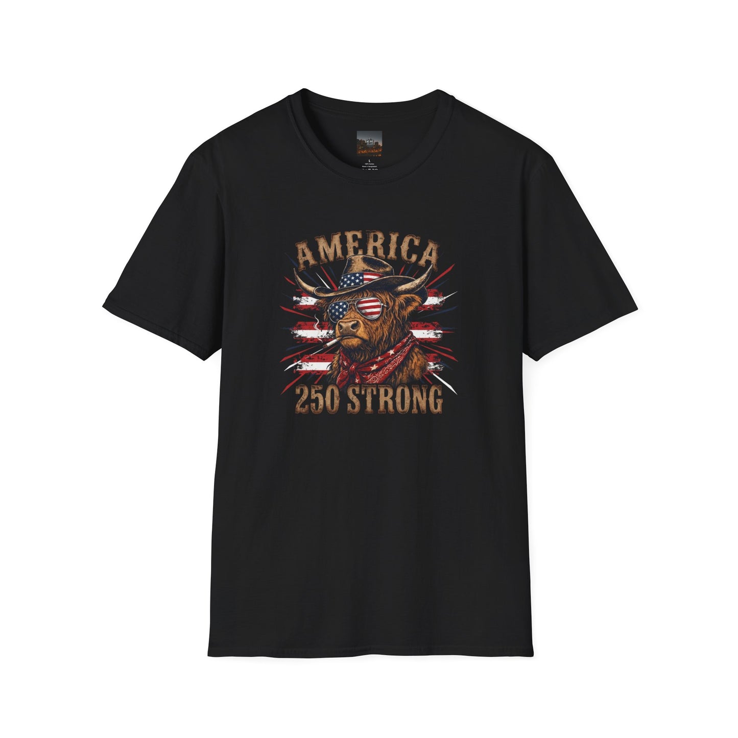 #250 America 250 Strong Patriotic Bull with American Flag T-Shirt