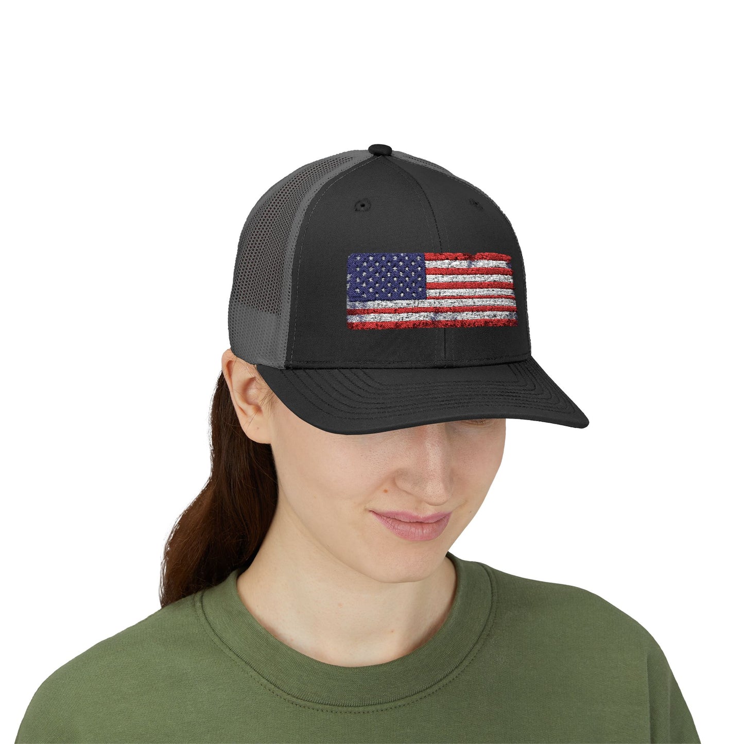 #250 Distressed American Flag Snapback Trucker Cap