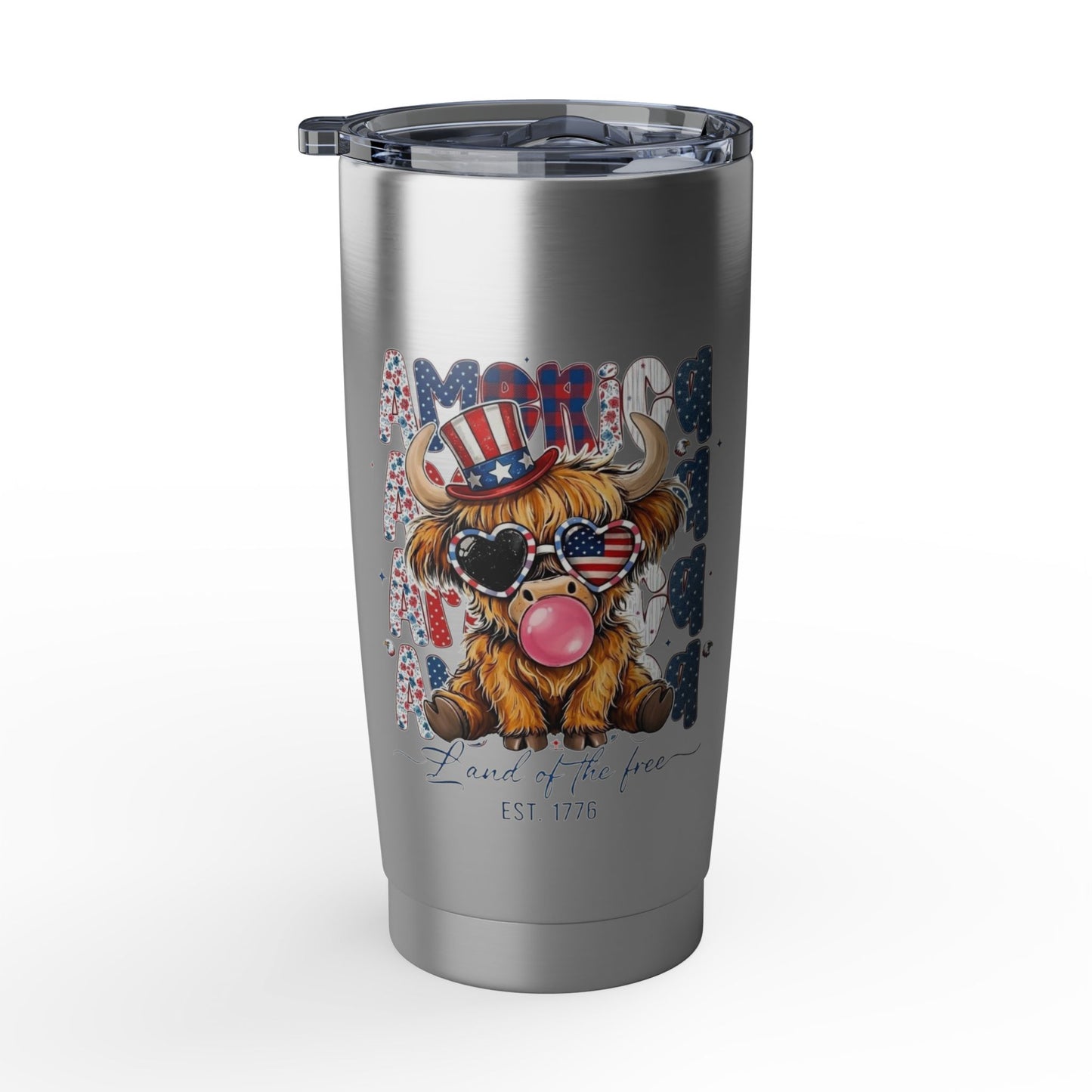#250 American Flag Bubblegum Patriotic Highland Cow 20oz Stainless Travel Tumbler 'Vagabond'
