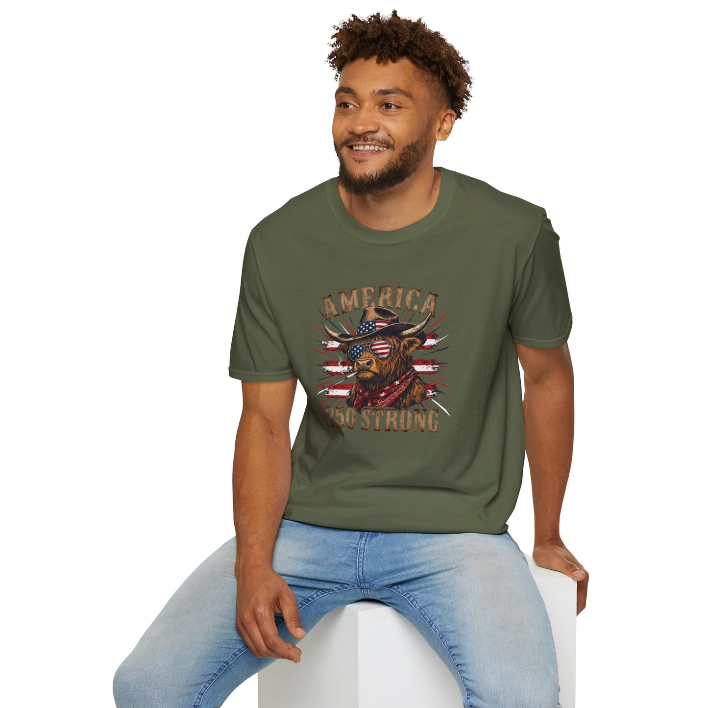 #250 America 250 Strong Patriotic Bull with American Flag T-Shirt