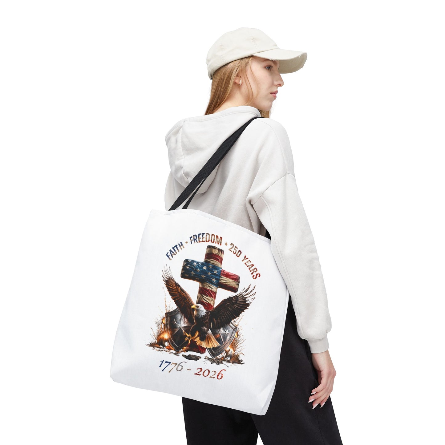 #250 Faith • Freedom 250 Years American Flag Cross & Eagle 1776-2026 Tote Bag