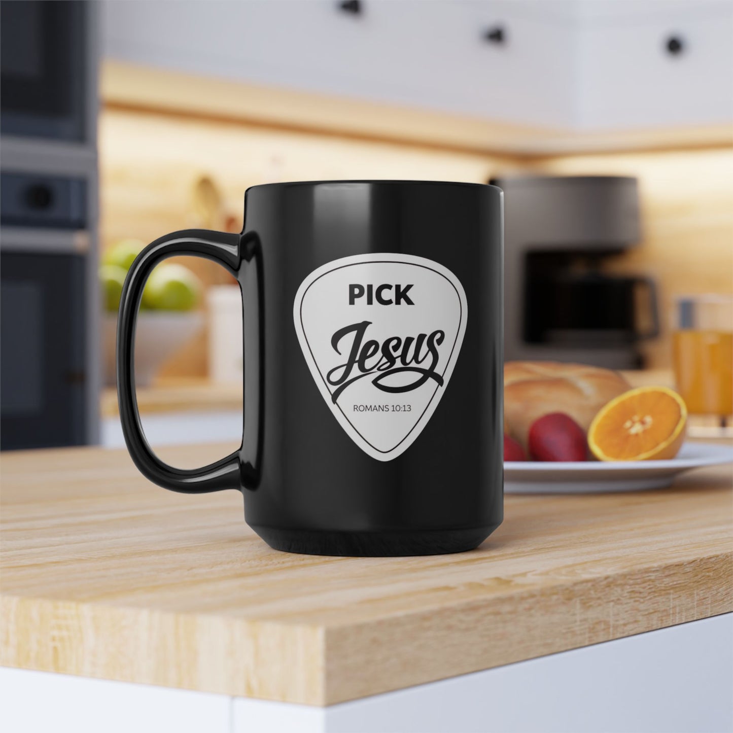 Pick Jesus Guitar Pick Ceramic Mug — Christian Guitar Pick Design (Romans 10:13) 15oz