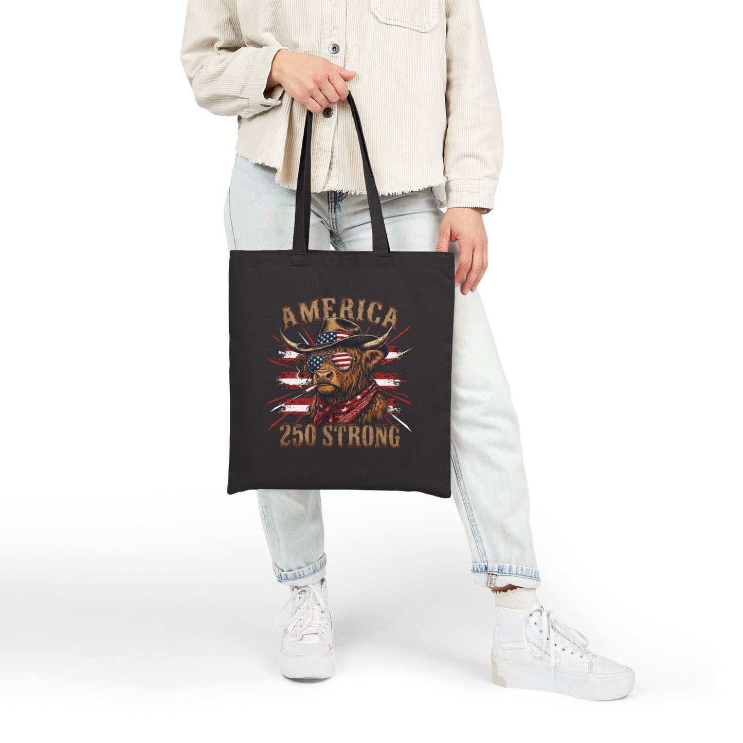 #250 America 250 Strong Patriotic Bull with American Flag Canvas Tote Bag