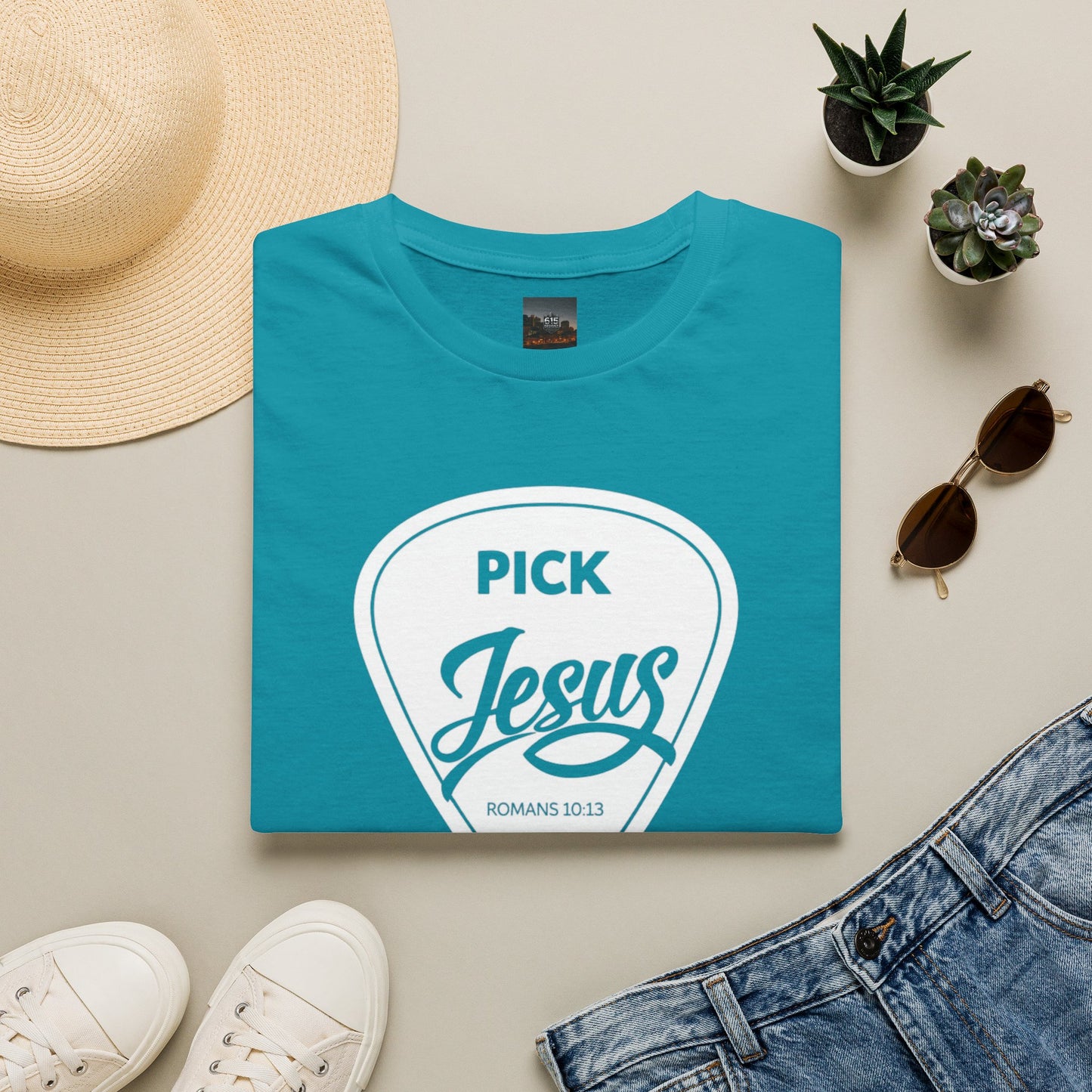 Pick Jesus T-Shirt — Christian Guitar Pick Design (Romans 10:13)