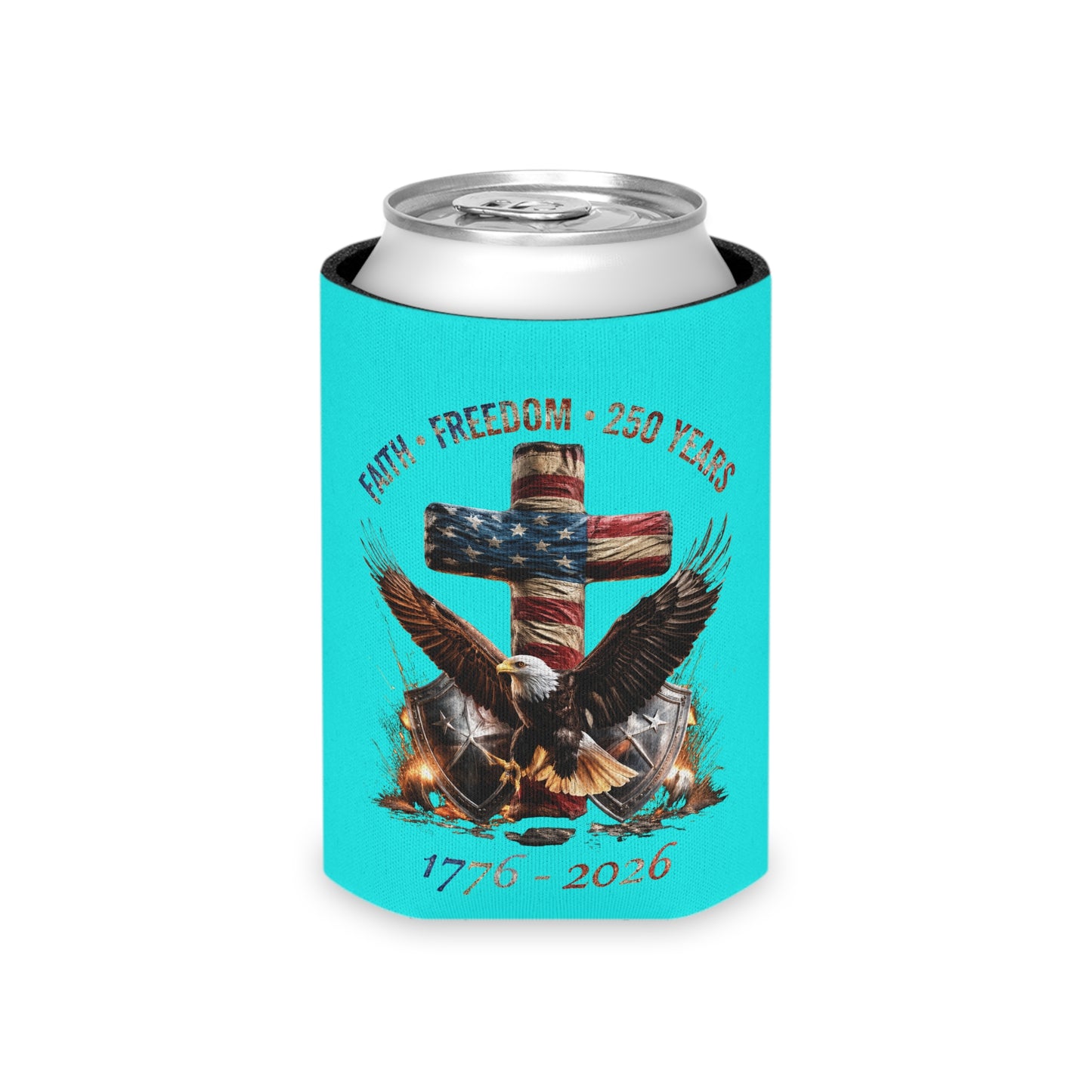 #250 Faith • Freedom 250 Years American Flag Cross & Eagle 1776-2026 Can Cooler - Beverage Koozie