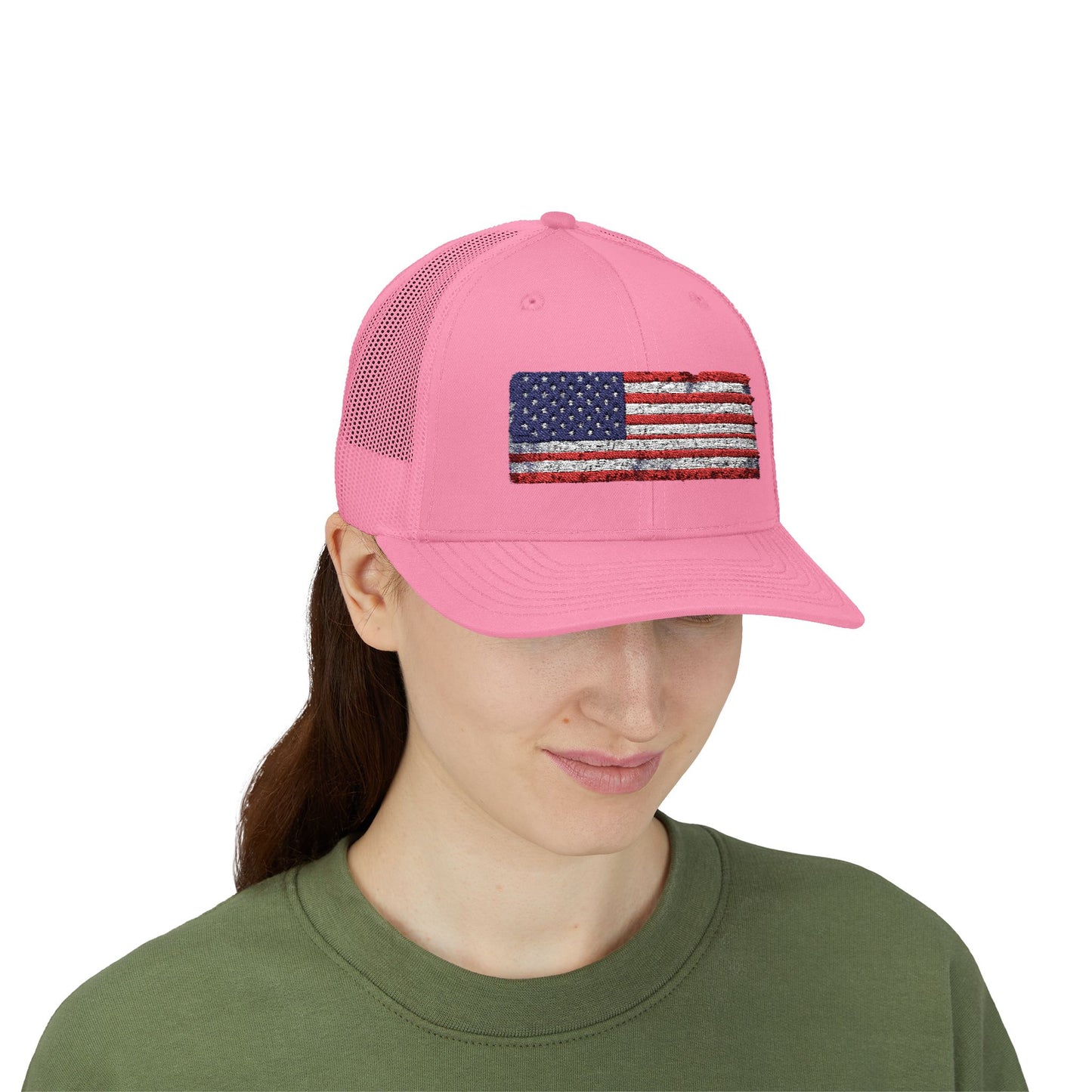 #250 Distressed American Flag Snapback Trucker Cap