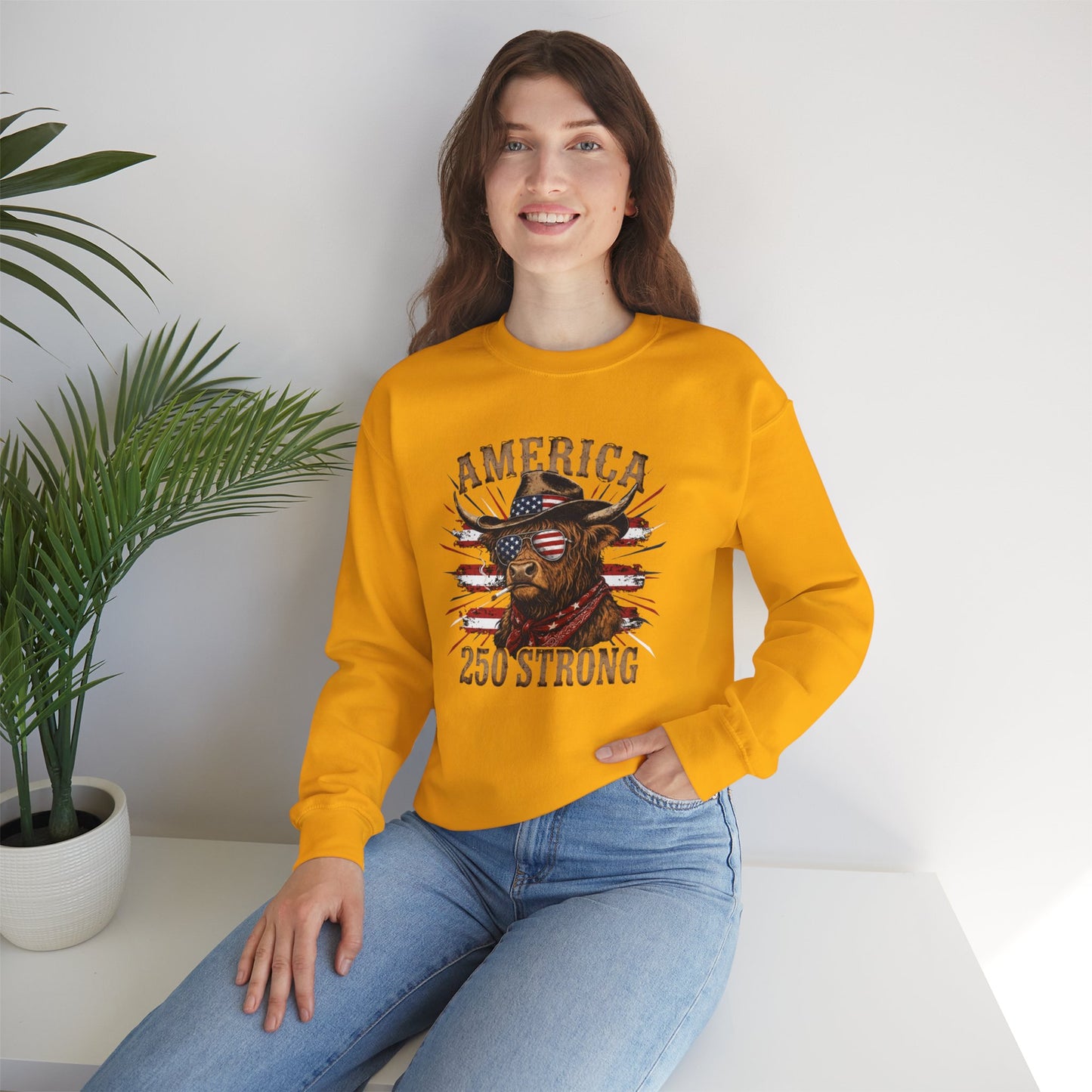 #250 America 250 Strong Patriotic Bull with American Flag Sweatshirt