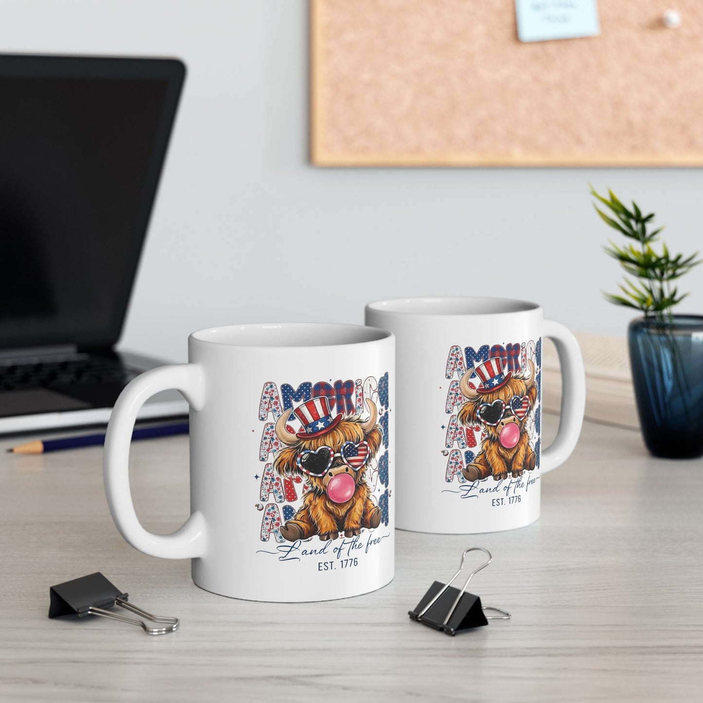#250 American Flag Bubblegum Patriotic Highland Cow Ceramic Mug - 11oz & 15oz