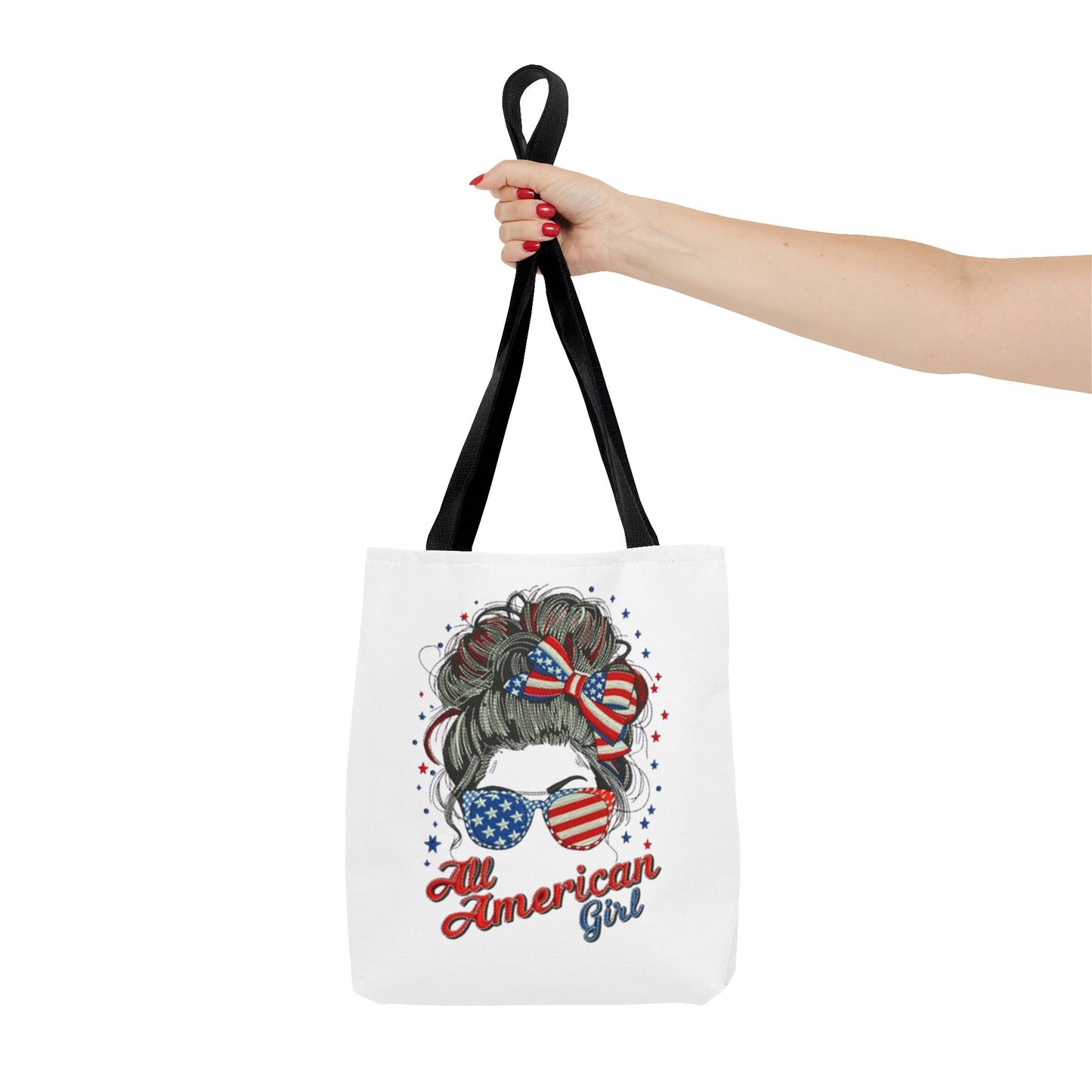 #250 "All American Girl" Patriotic Messy Bun Tote Bag