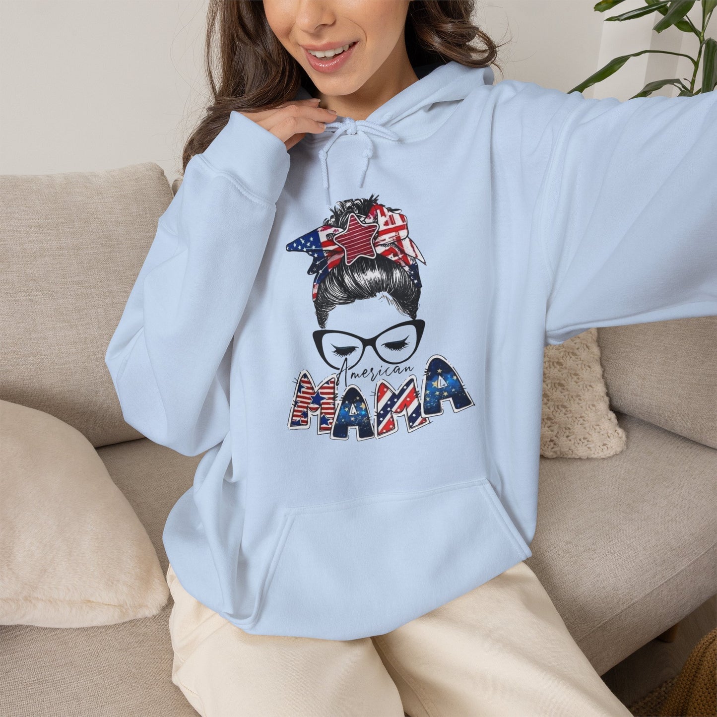 #250 Mama USA Flag Messy Bun Hoodie