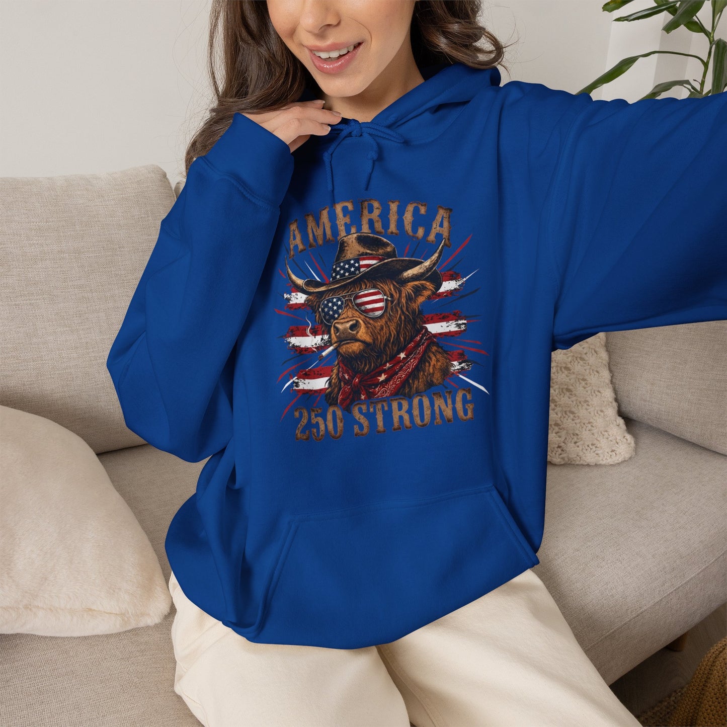 #250 America 250 Strong Patriotic Bull with American Flag Hoodie