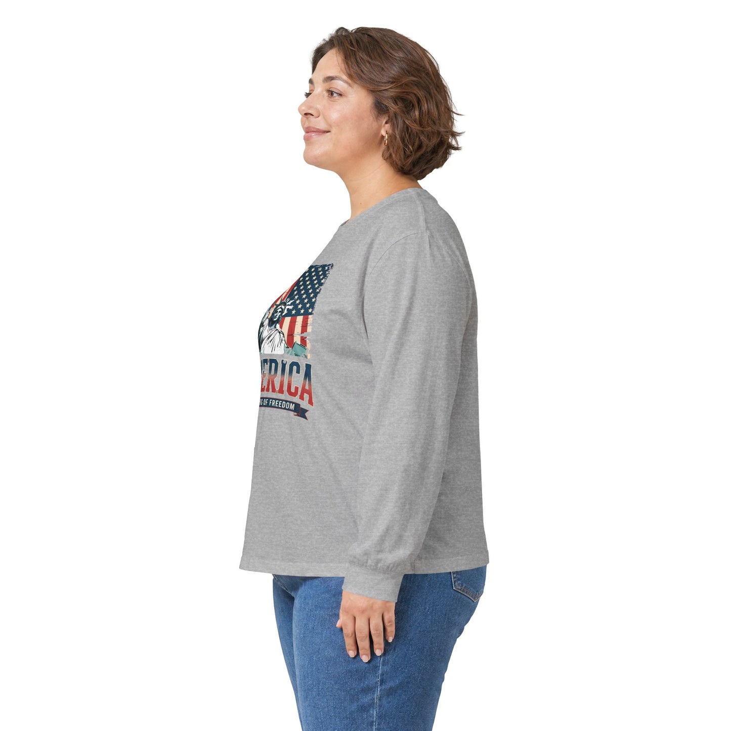 #250 Statue of Liberty American Flag 'America' Patriotic Independence Day Long Sleeve Tee