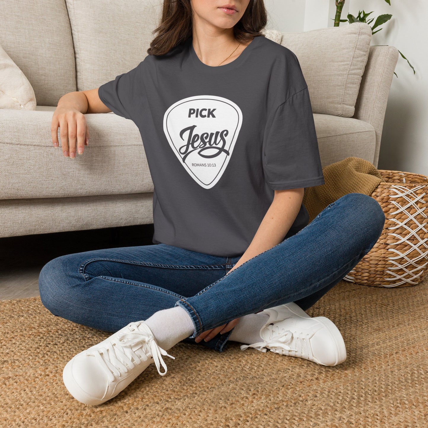 Pick Jesus T-Shirt — Christian Guitar Pick Design (Romans 10:13)