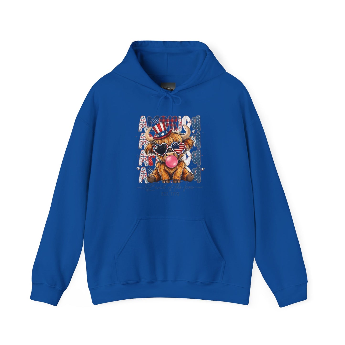 #250 American Flag Bubblegum Patriotic Highland Cow Hoodie