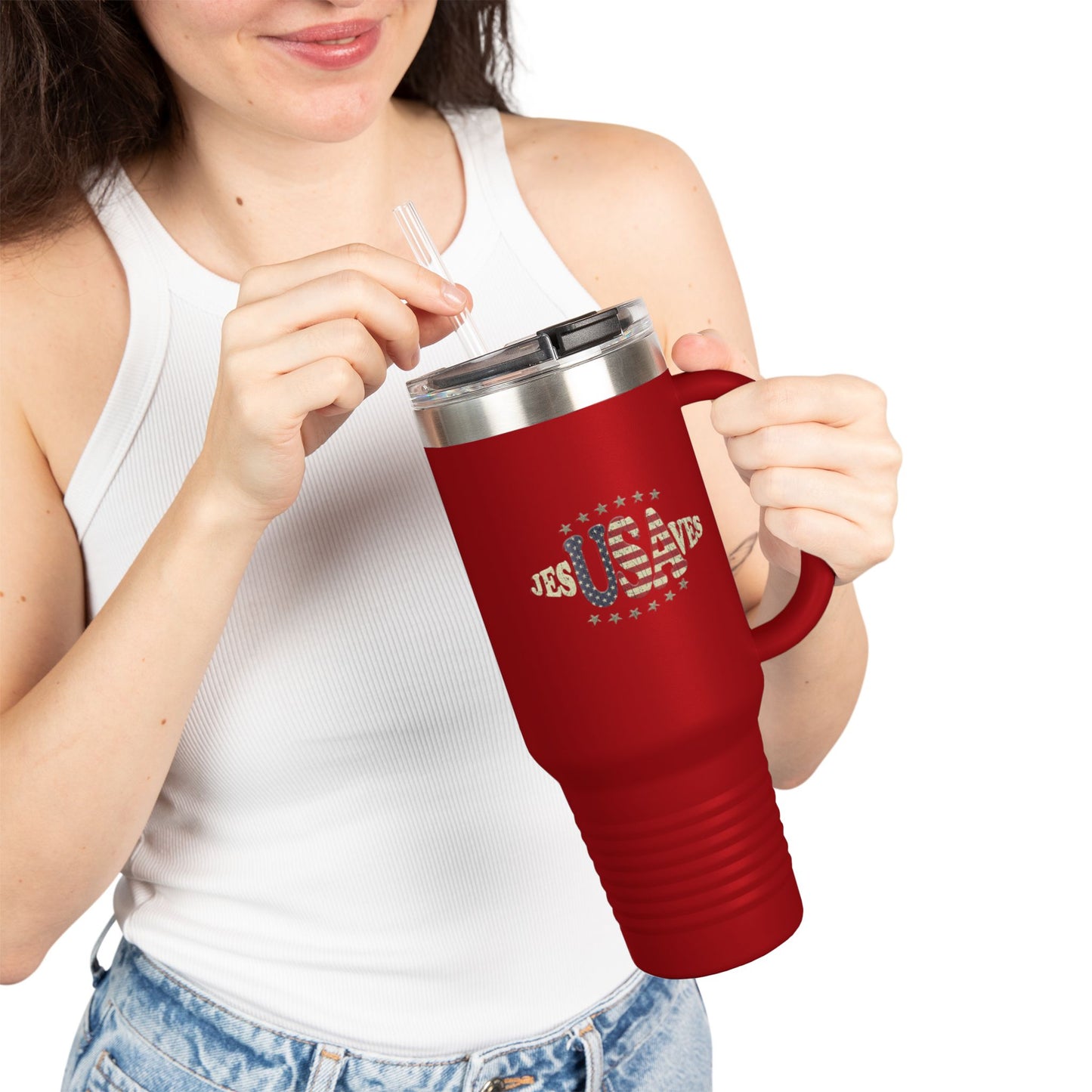 JesUSAves Patriotic 40oz Insulated Travel Mug – American Flag Christian Faith Steel Tumbler