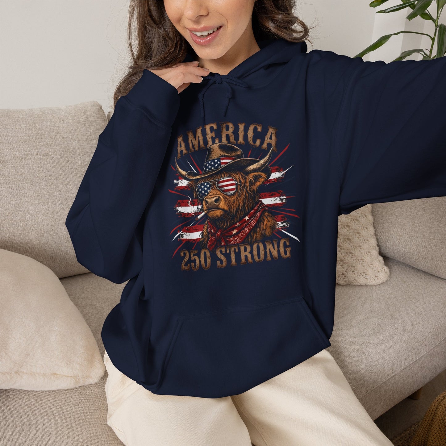#250 America 250 Strong Patriotic Bull with American Flag Hoodie