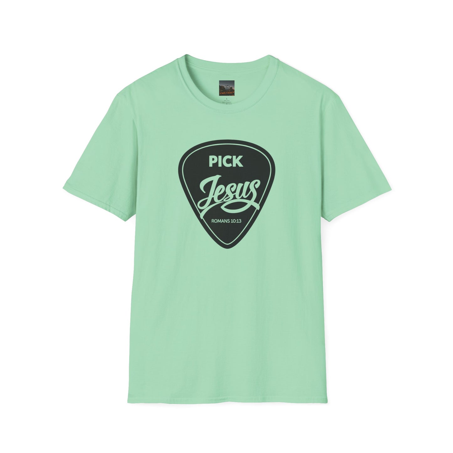 Pick Jesus T-Shirt — Christian Guitar Pick Design (Romans 10:13)