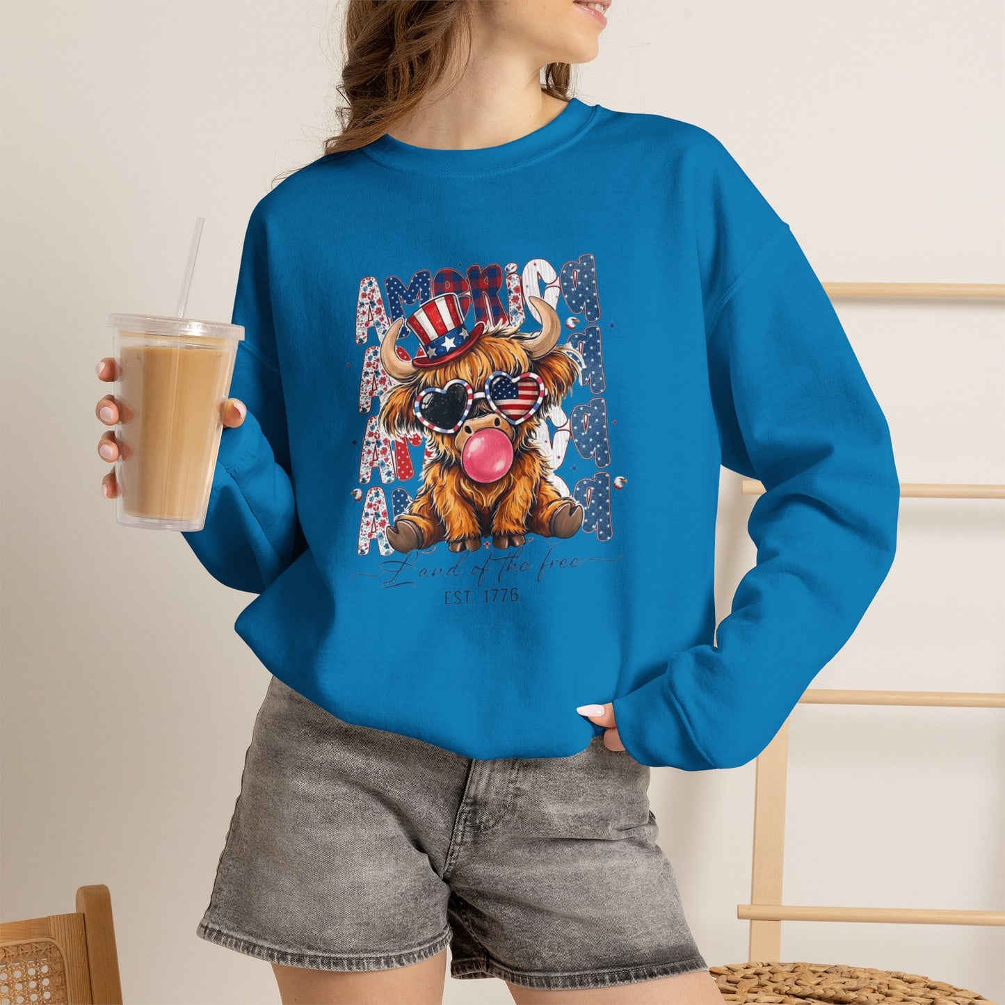 #250 American Flag Bubblegum Patriotic Highland Cow Sweatshirt