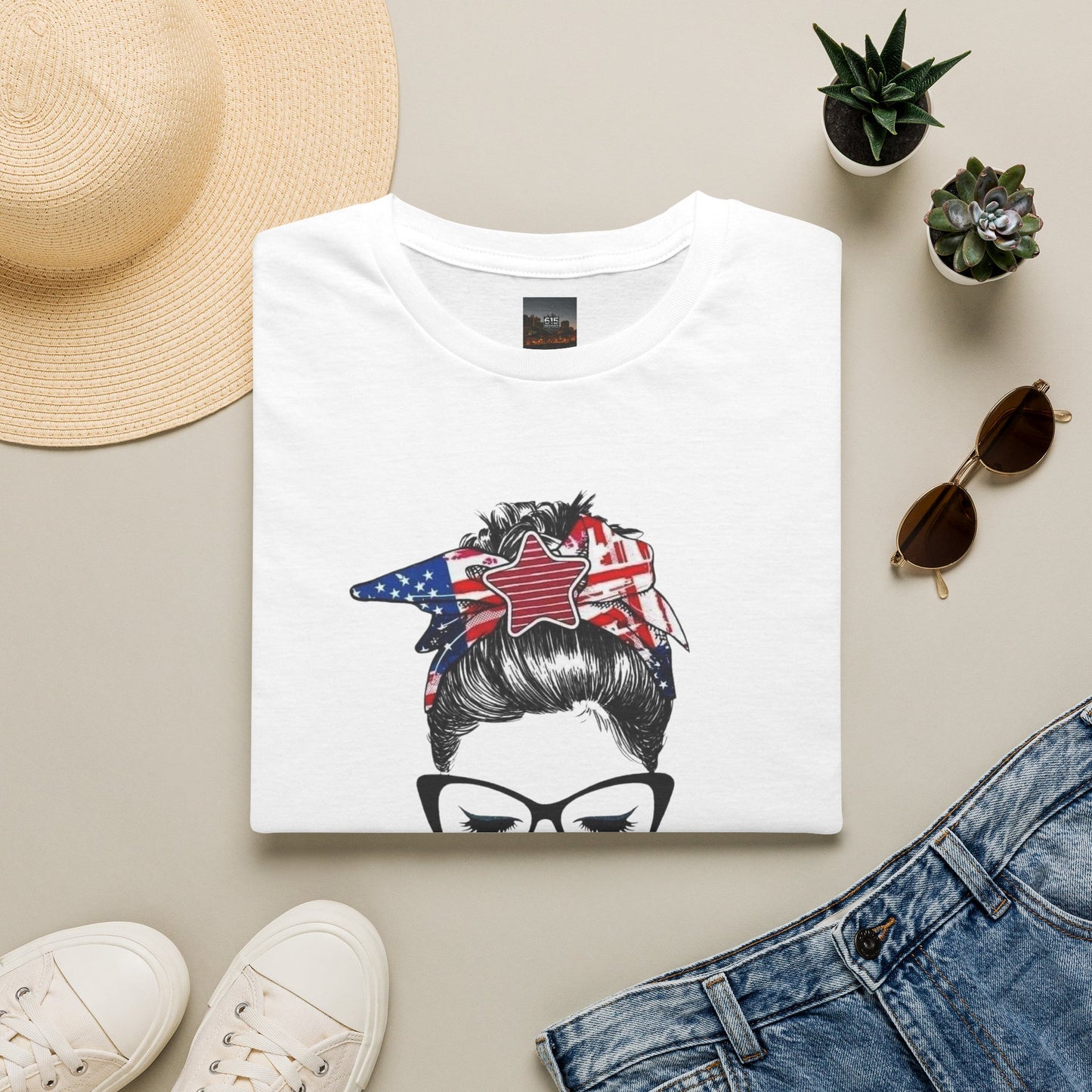 Mama USA Flag Messy Bun T-Shirt
