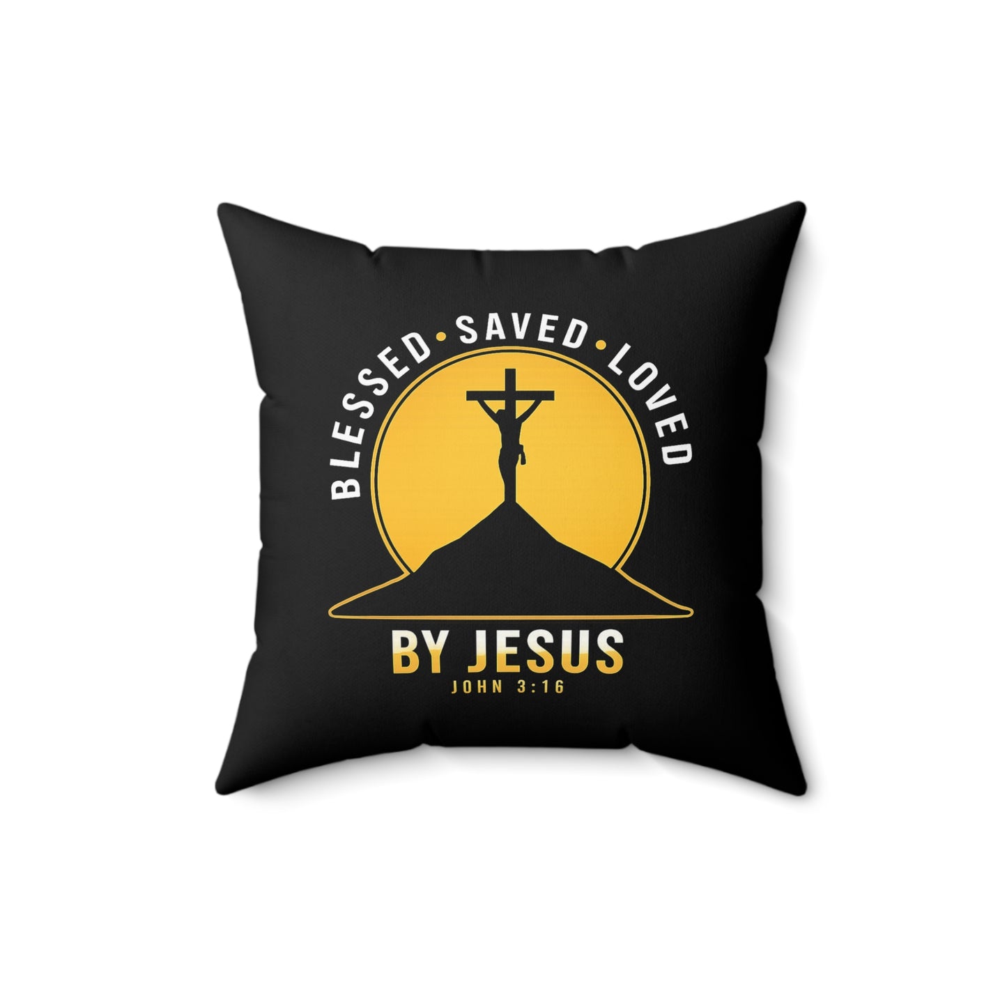Blessed • Saved • Loved by Jesus Square Pillow — Christian Faith Decor (John 3:16)
