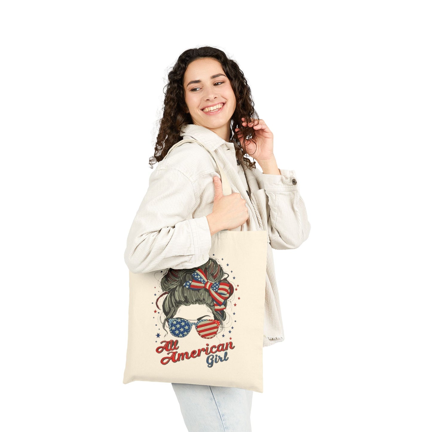 #250 "All American Girl" Patriotic Messy Bun Canvas Tote Bag